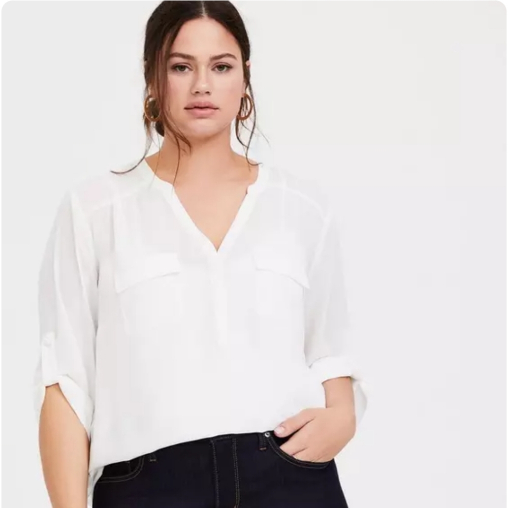 Torrid 2X Harper Georgette White Long Sleeve Tunic Top Business Casual Office